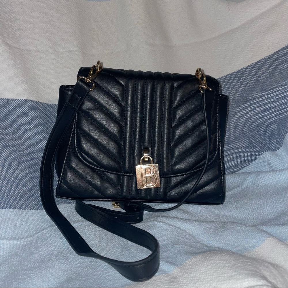 Bebe Black Quilted Crossbody Bag with Gold Details